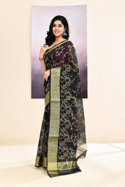 Piyari Fashion Women's Black Embellished Cotton Blend Printed Saree