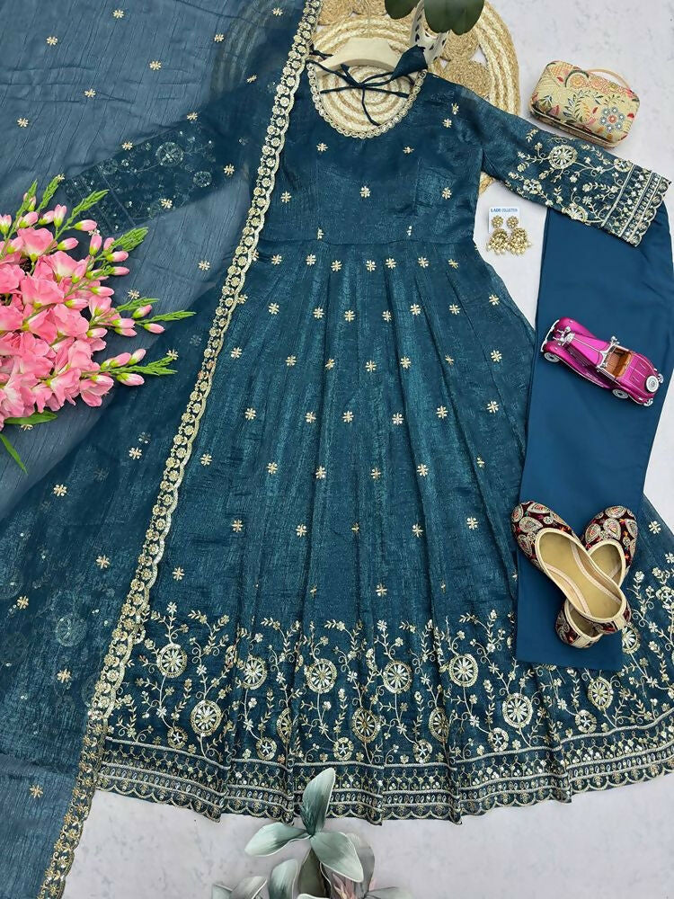 Teeya Creation New Stylish Trendy Elegant Teal Embroidered Anarkali Suit with Dupatta