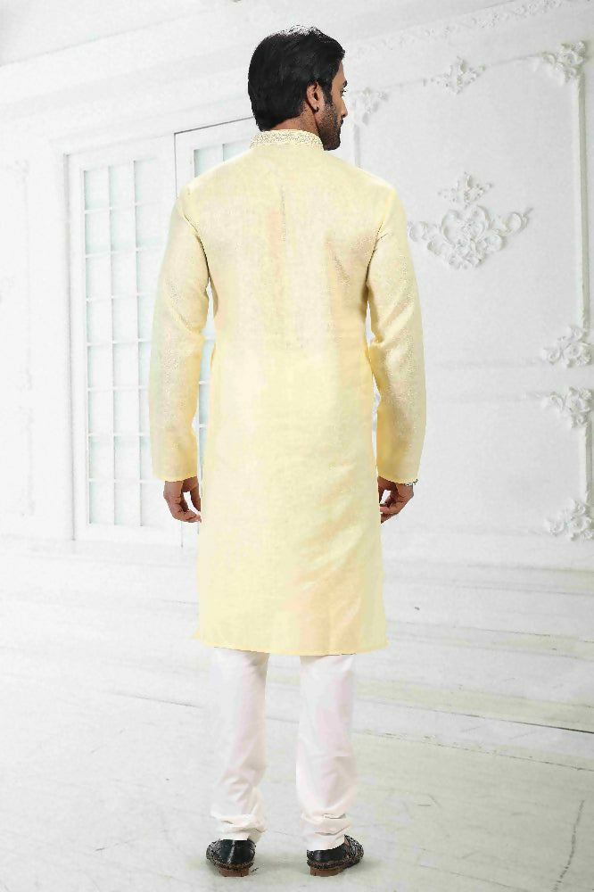 Raivat Ethnic Linen Cotton Thread Work Kurta Pajama In Yellow Colour