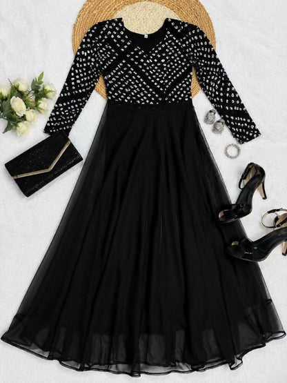 Teeya Creation Women's Black Bandhani Print Anarkali Gown