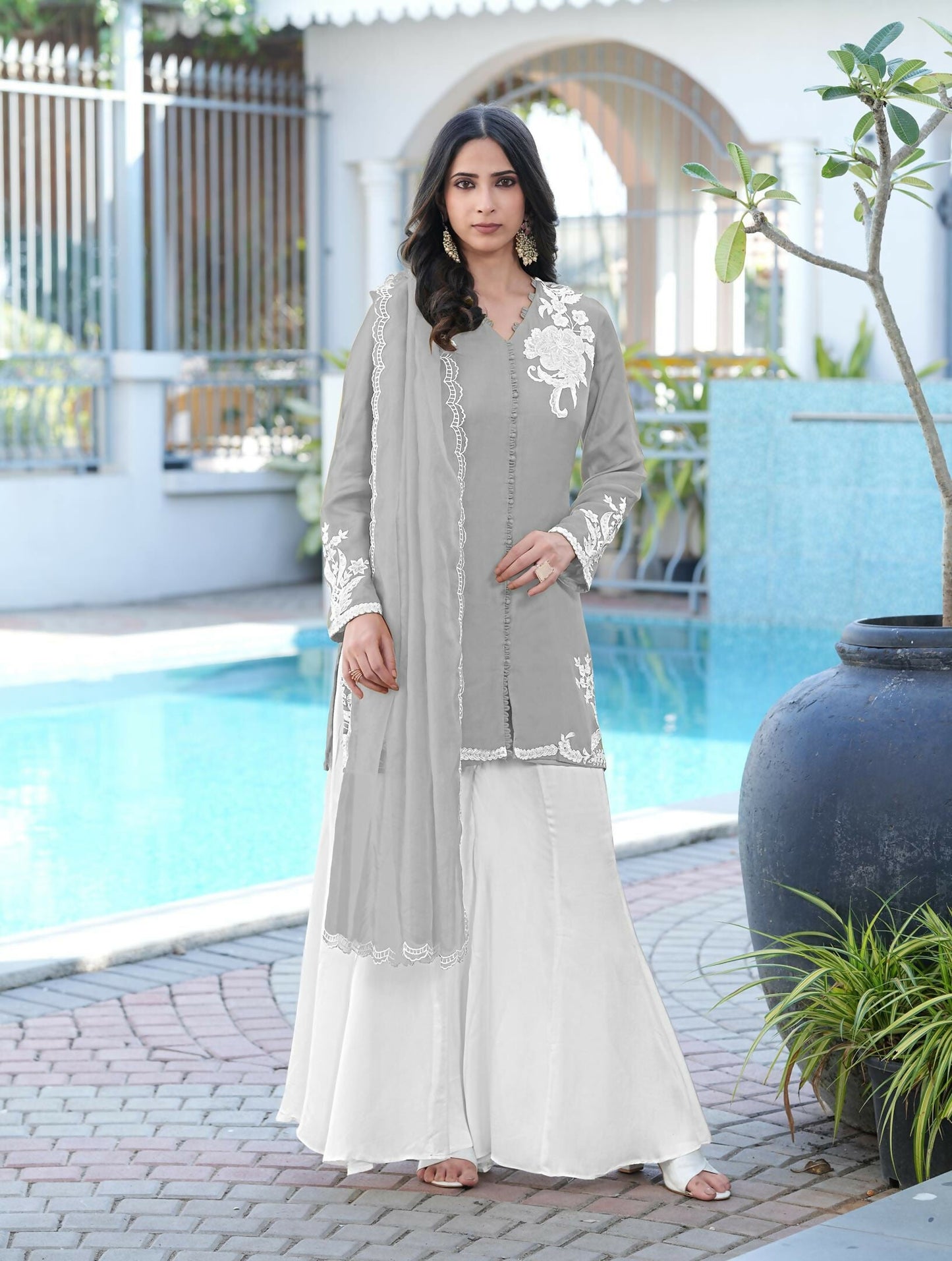 Nikhaar Grey Embroidered Modal Silk Stitched Straight Cut Kurta Kalidar Palazzo Dupatta Readymade Suit