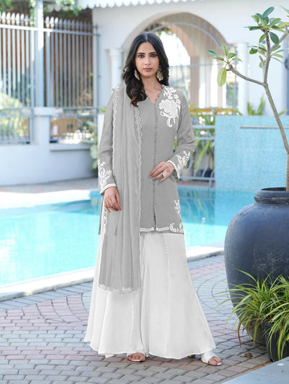Nikhaar Grey Embroidered Modal Silk Stitched Straight Cut Kurta Kalidar Palazzo Dupatta Readymade Suit