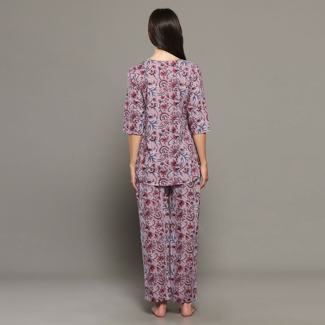 Breathables Women Cotton Printed Loungewear Kurta And Pants Co-Ord Set Pink I Night Wear | Floral Print