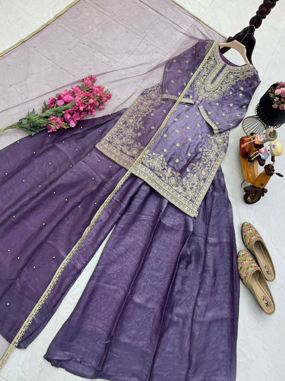 Teeya Creation New Trendy Womens Wedding Wear Kurta Palazzo Set - Lavender