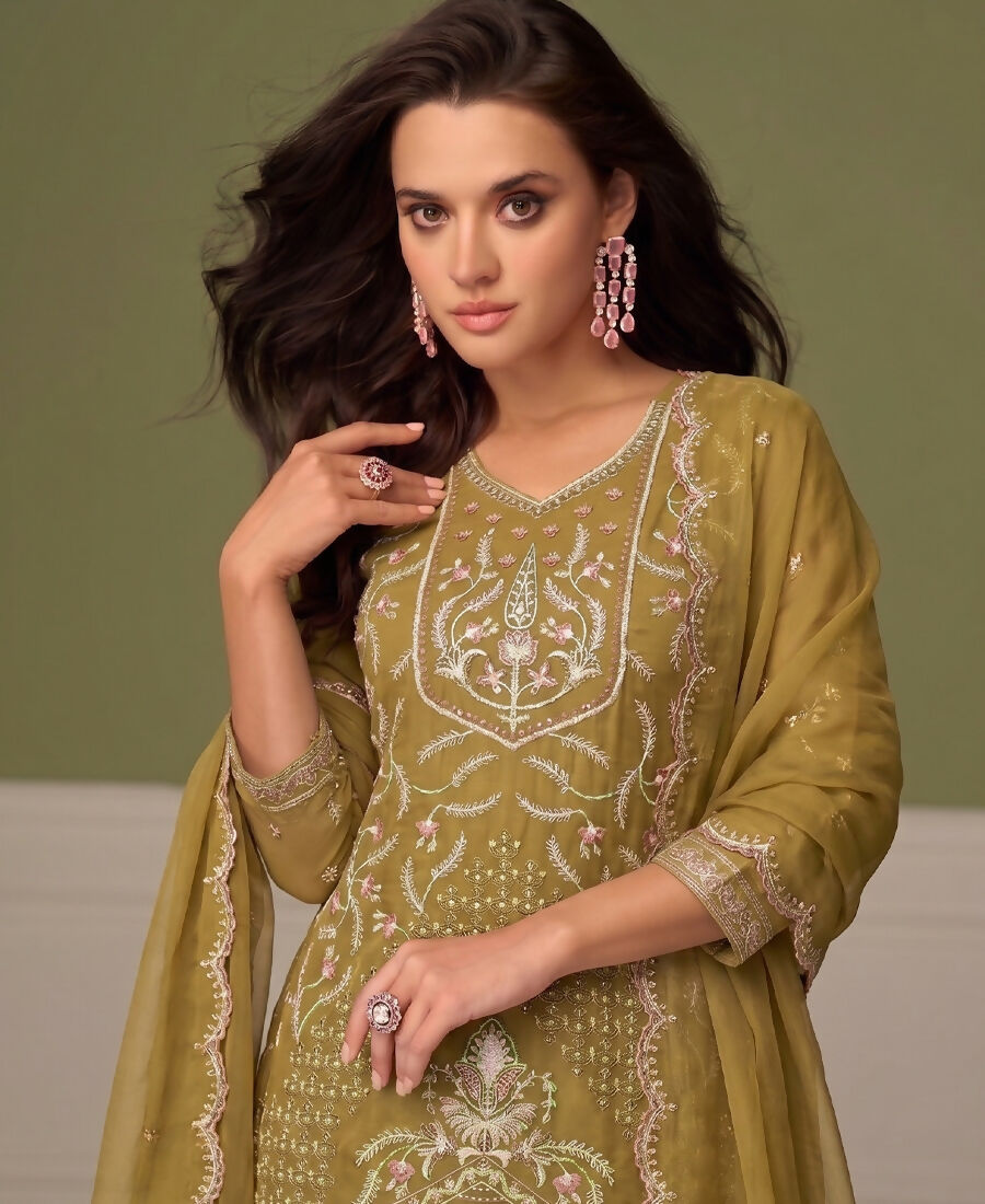 KC Beautiful Mustard Chiffon Silk Hand Embroidery Suit For Women