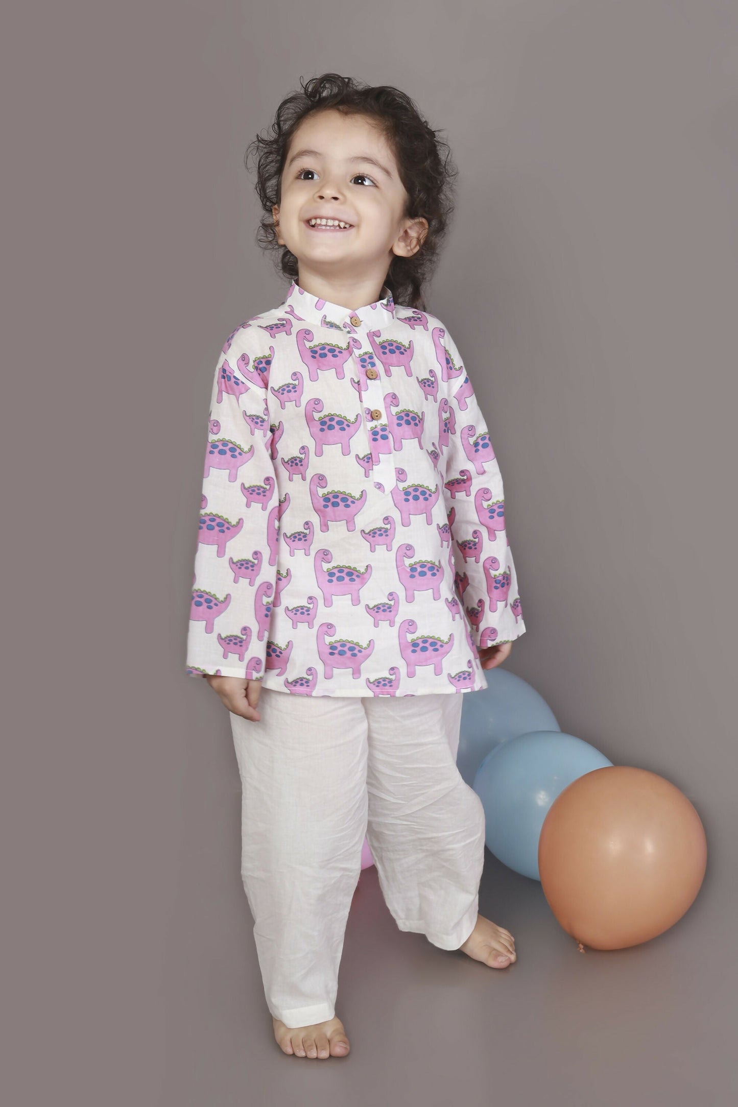 Breathables Kids Boys & Girls Cotton Night Suit  Purple Dinosaur Print Kurta & Pyjama Co-Ord Set