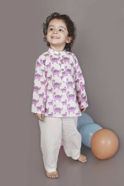 Breathables Kids Boys & Girls Cotton Night Suit  Purple Dinosaur Print Kurta & Pyjama Co-Ord Set