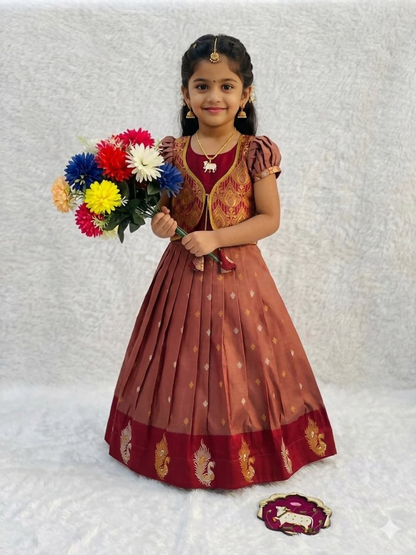 Teeya Creation Girls Rust Red Silk Traditional Langa Voni Lehenga Set With Koti Jacket-Red