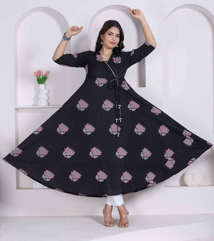 Miravan Womens Cotton Floral Print Anarkali Kurta-Black