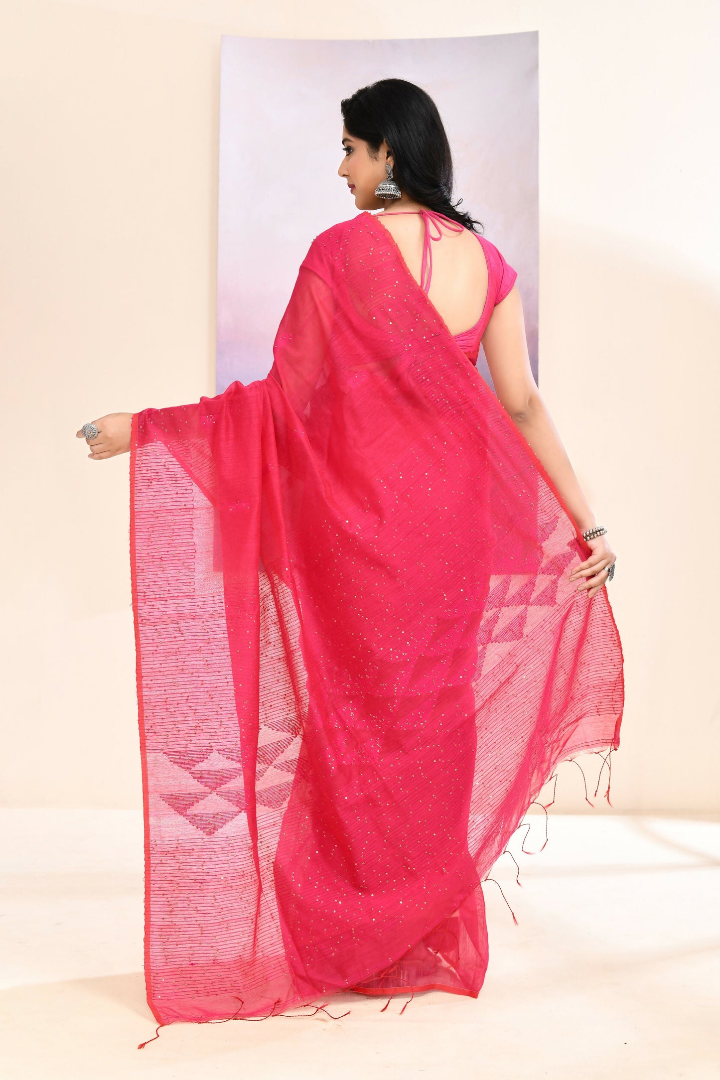 Piyari Fashion Women's Pink Self Sequins Embellished Cotton Blend Jamdani Saree