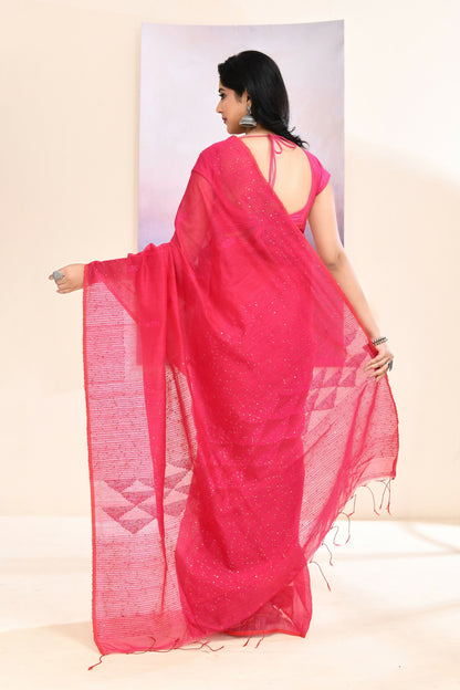 Piyari Fashion Women's Pink Self Sequins Embellished Cotton Blend Jamdani Saree