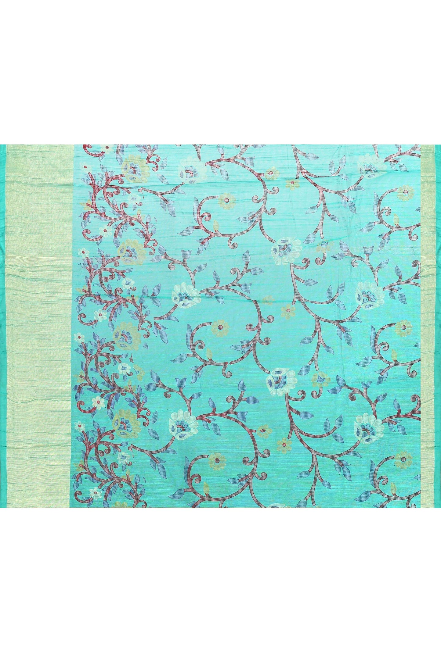 Piyari Fashion Women's Turquoise Embellished Cotton Blend Printed Saree