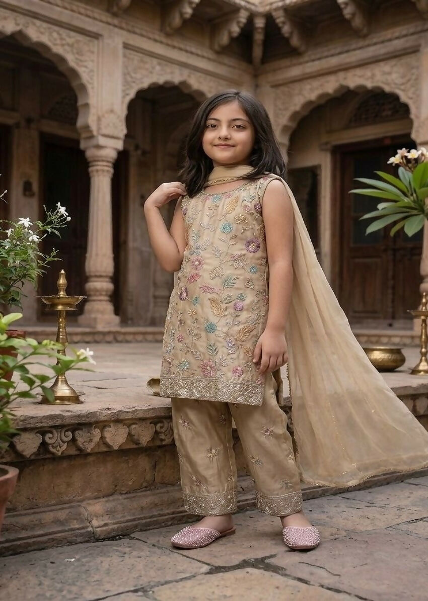 Teeya Creation Trendy Stylish Kids Wear Heavy Embroidery Sequence Work Kurta Set -Beige