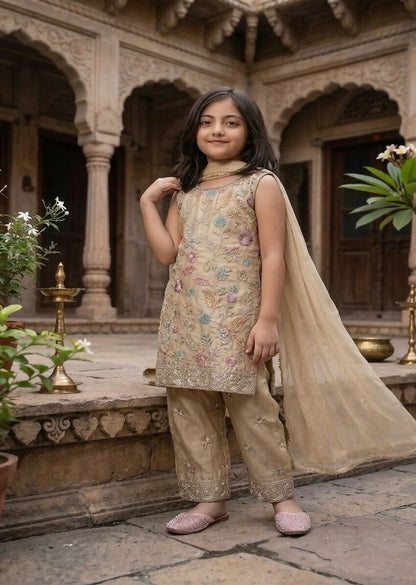 Teeya Creation Trendy Stylish Kids Wear Heavy Embroidery Sequence Work Kurta Set -Beige