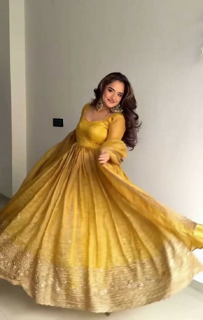 Teeya Creation Elegant Mustard Yellow Solid Silk Anarkali Suit with Dupatta