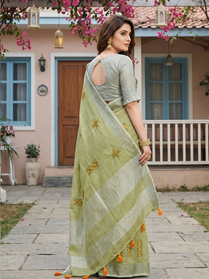 Shree Shyam Fashion Pista Green Linen Saree