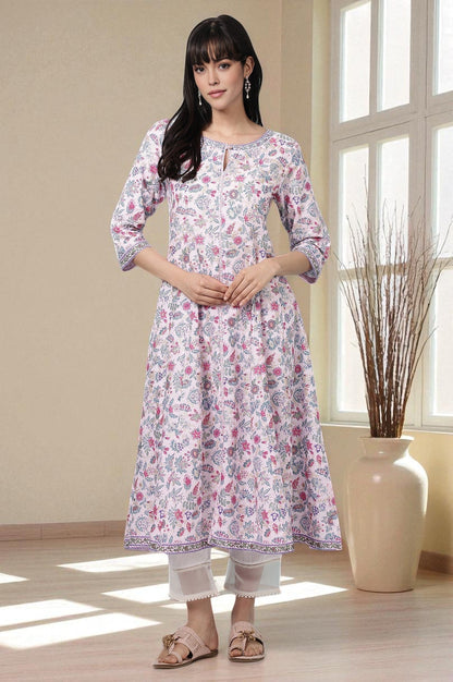 W for Woman Pink Floral Glitter Printed Pure Cotton Anarkali Kurta