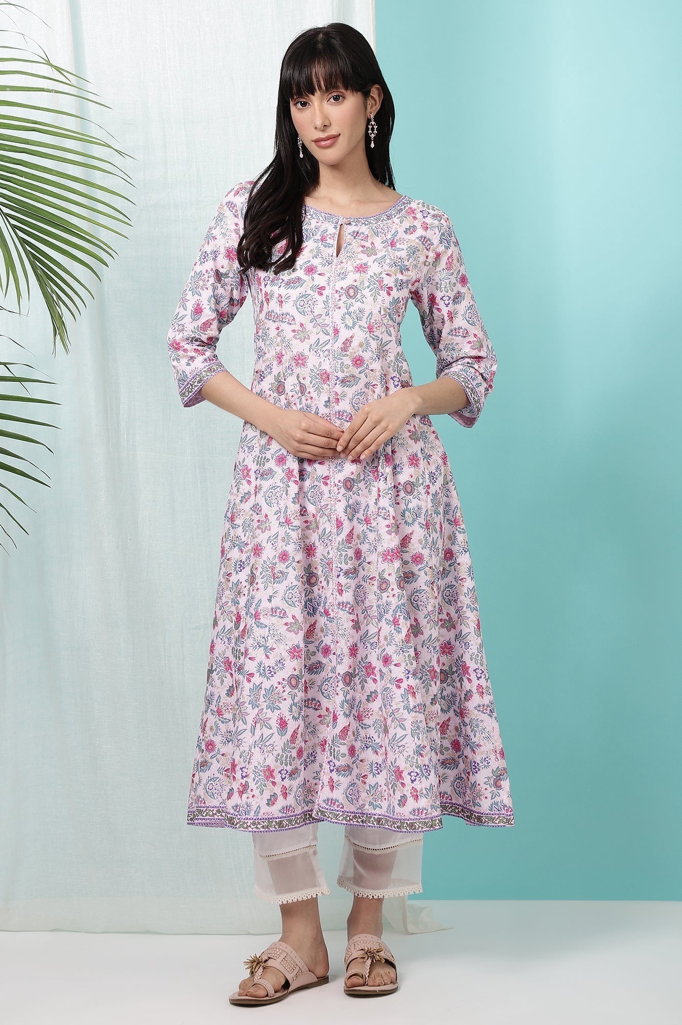 W for Woman Pink Floral Glitter Printed Pure Cotton Anarkali Kurta