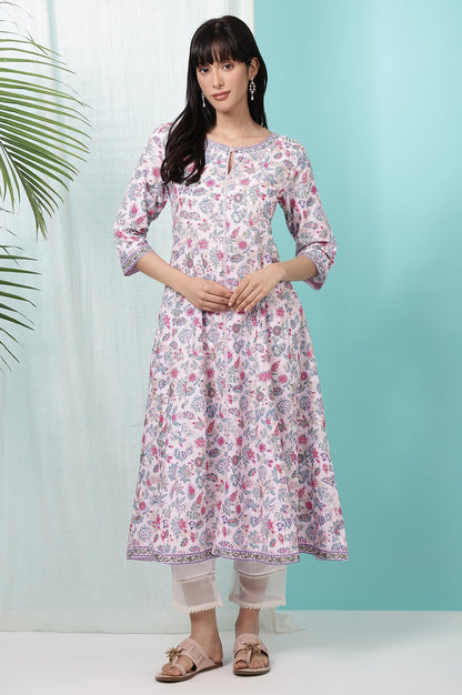 W for Woman Pink Floral Glitter Printed Pure Cotton Anarkali Kurta