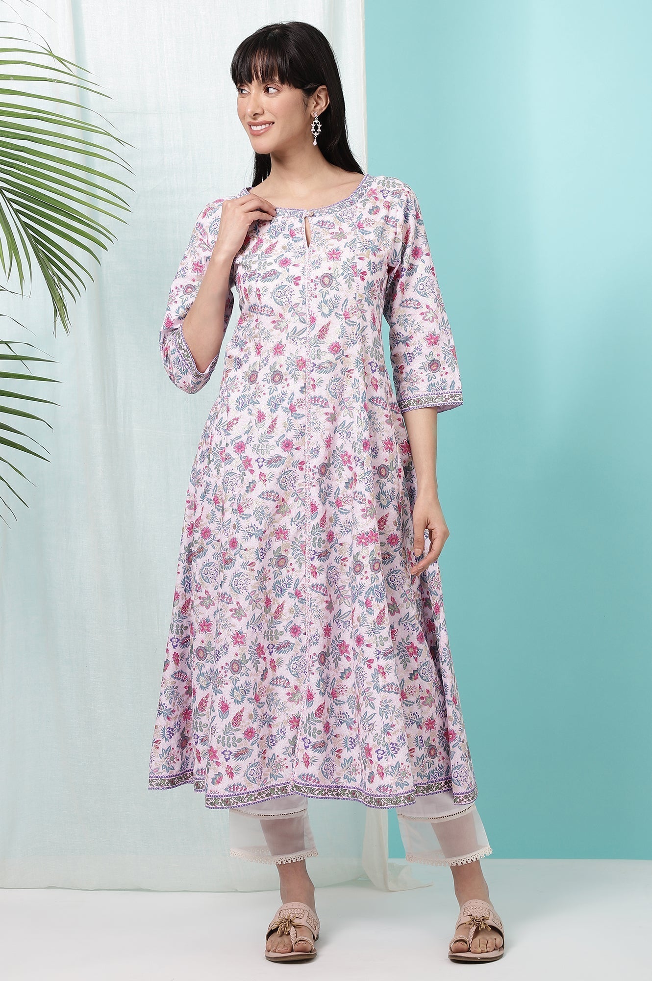 W for Woman Pink Floral Glitter Printed Pure Cotton Anarkali Kurta