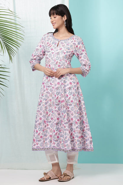 W for Woman Pink Floral Glitter Printed Pure Cotton Anarkali Kurta