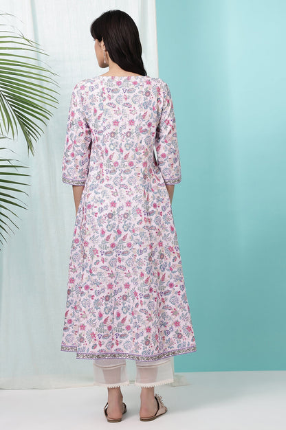 W for Woman Pink Floral Glitter Printed Pure Cotton Anarkali Kurta