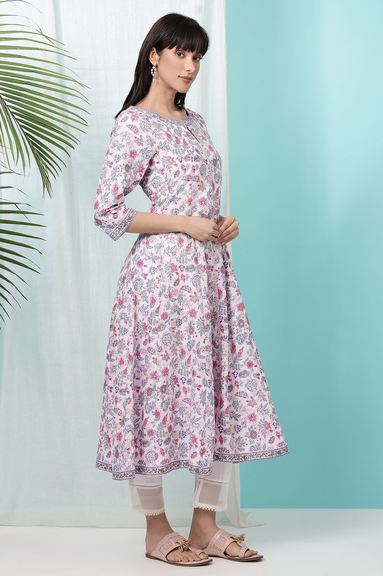 W for Woman Pink Floral Glitter Printed Pure Cotton Anarkali Kurta