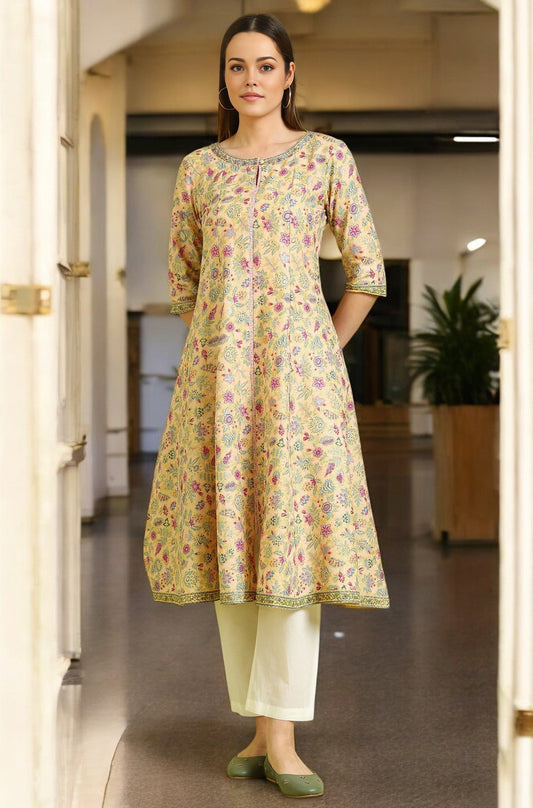 W for Woman Yellow Floral Glitter Printed Pure Cotton Anarkali Kurta