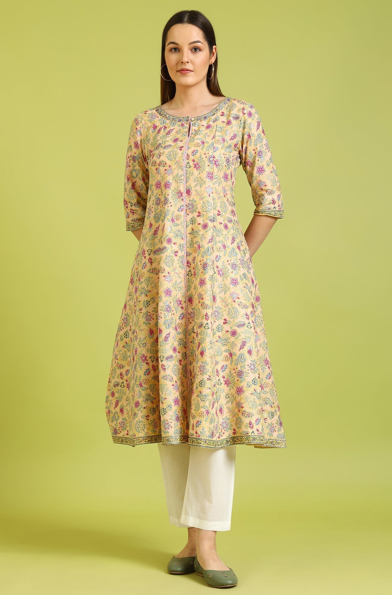 W for Woman Yellow Floral Glitter Printed Pure Cotton Anarkali Kurta