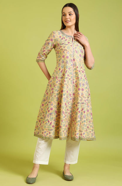 W for Woman Yellow Floral Glitter Printed Pure Cotton Anarkali Kurta