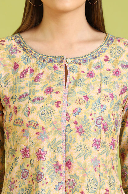 W for Woman Yellow Floral Glitter Printed Pure Cotton Anarkali Kurta