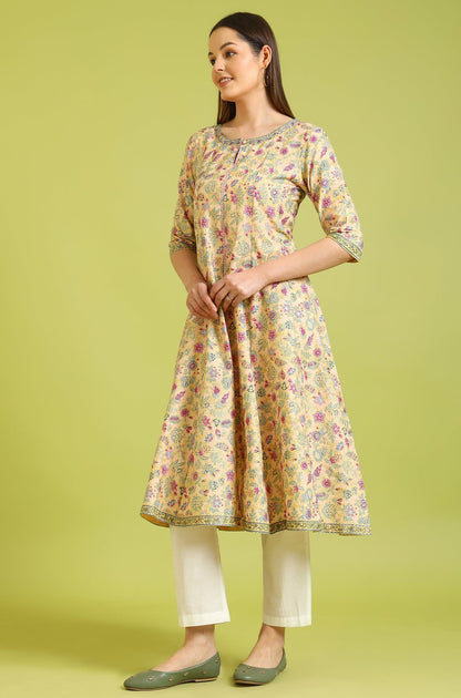 W for Woman Yellow Floral Glitter Printed Pure Cotton Anarkali Kurta