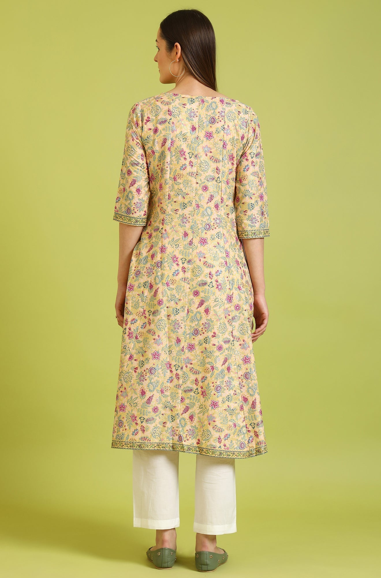W for Woman Yellow Floral Glitter Printed Pure Cotton Anarkali Kurta