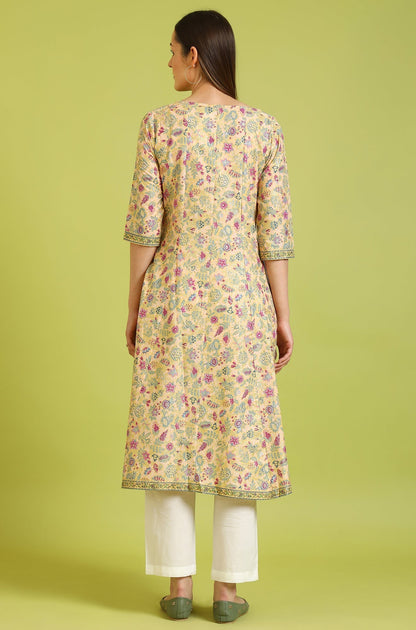 W for Woman Yellow Floral Glitter Printed Pure Cotton Anarkali Kurta