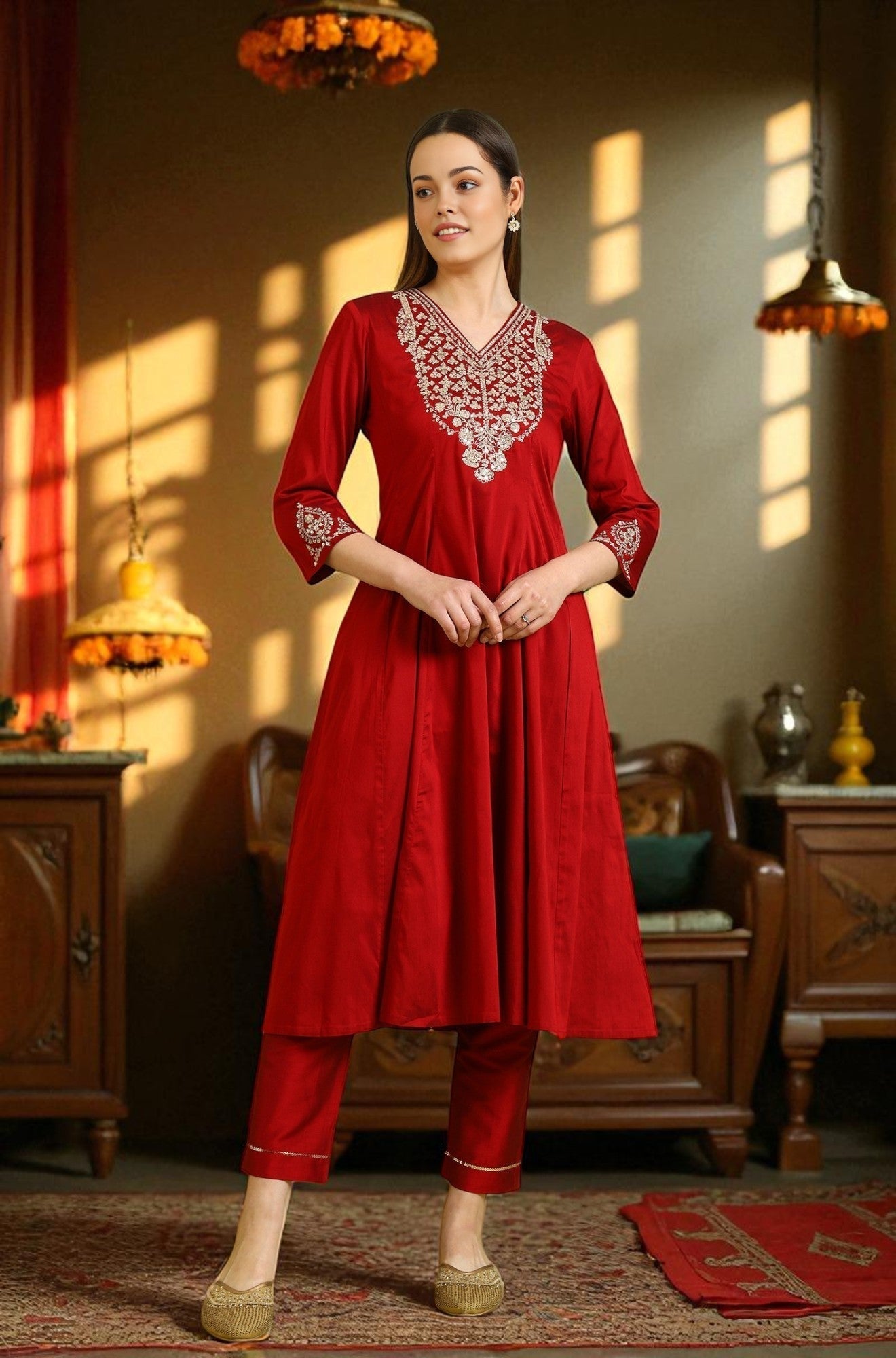 W for Woman Dark Red Zari Embroidered Anarkali Kurta