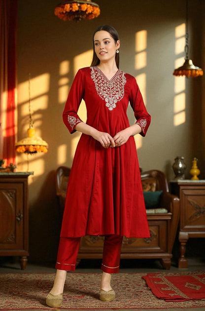 W for Woman Dark Red Zari Embroidered Anarkali Kurta
