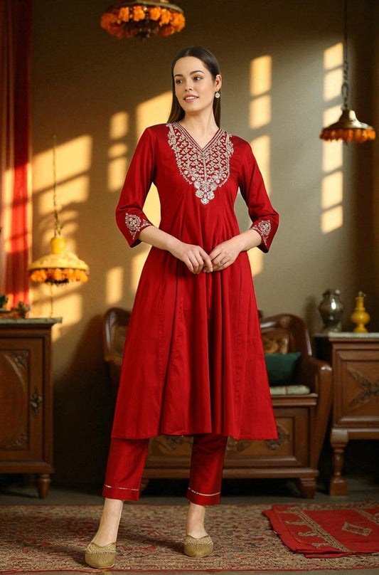 W for Woman Dark Red Zari Embroidered Anarkali Kurta