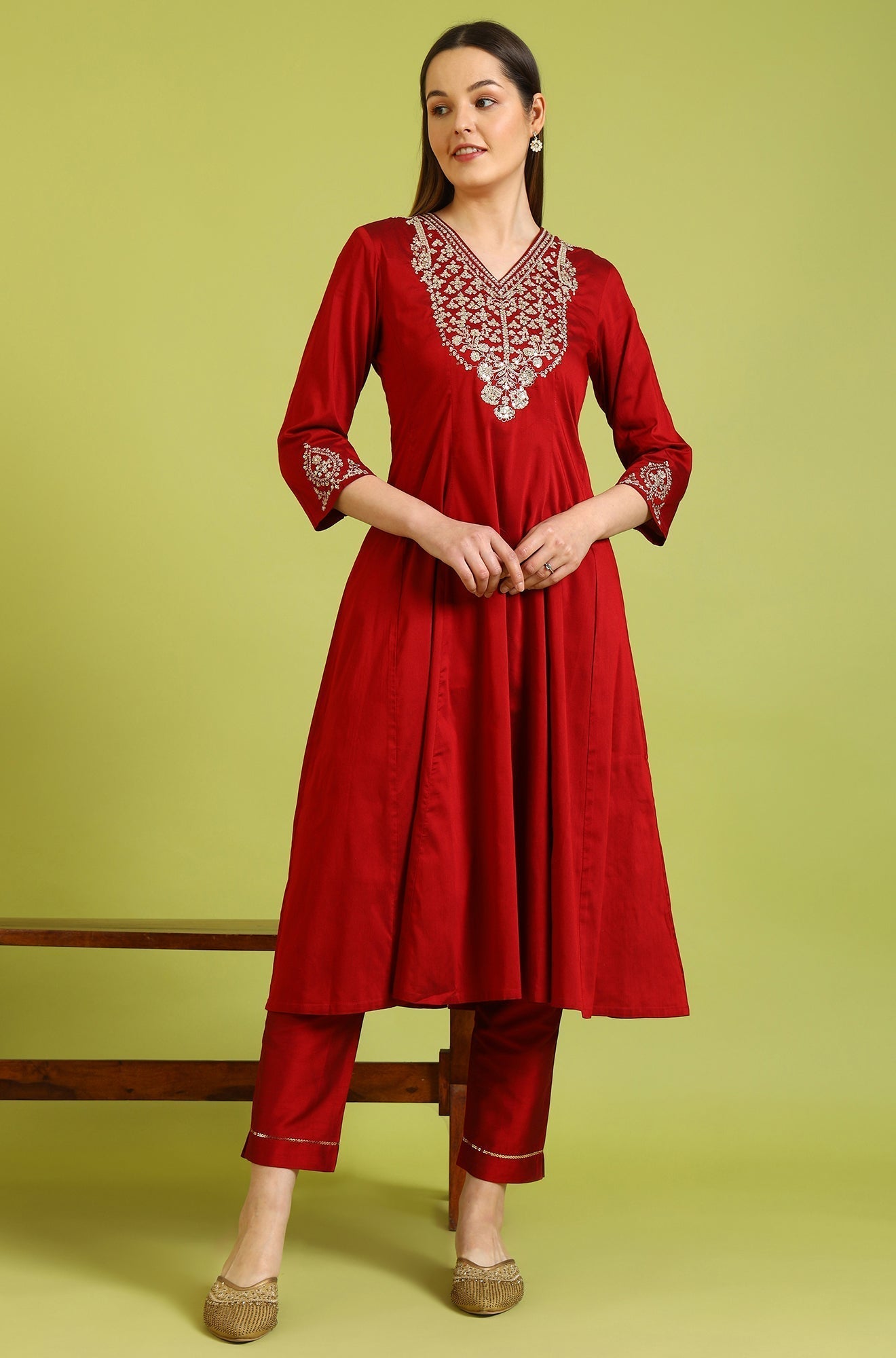 W for Woman Dark Red Zari Embroidered Anarkali Kurta