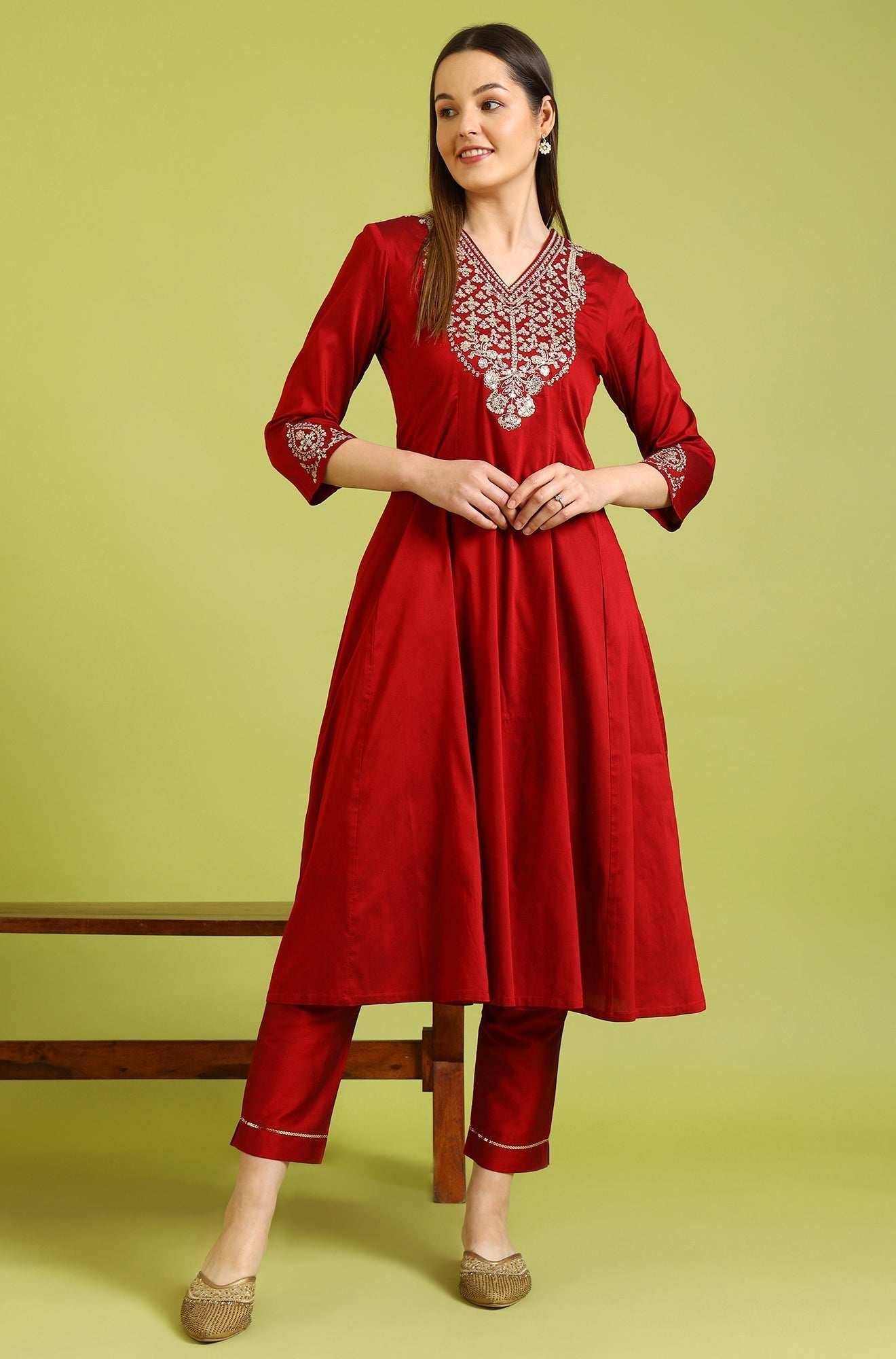 W for Woman Dark Red Zari Embroidered Anarkali Kurta