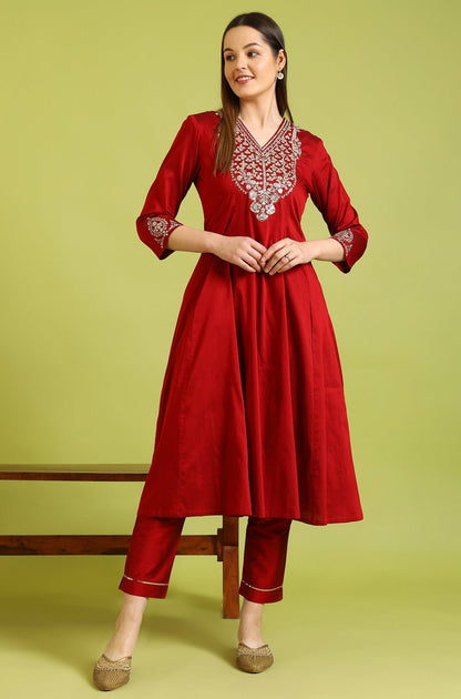 W for Woman Dark Red Zari Embroidered Anarkali Kurta