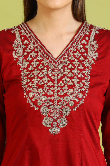 W for Woman Dark Red Zari Embroidered Anarkali Kurta