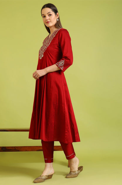 W for Woman Dark Red Zari Embroidered Anarkali Kurta