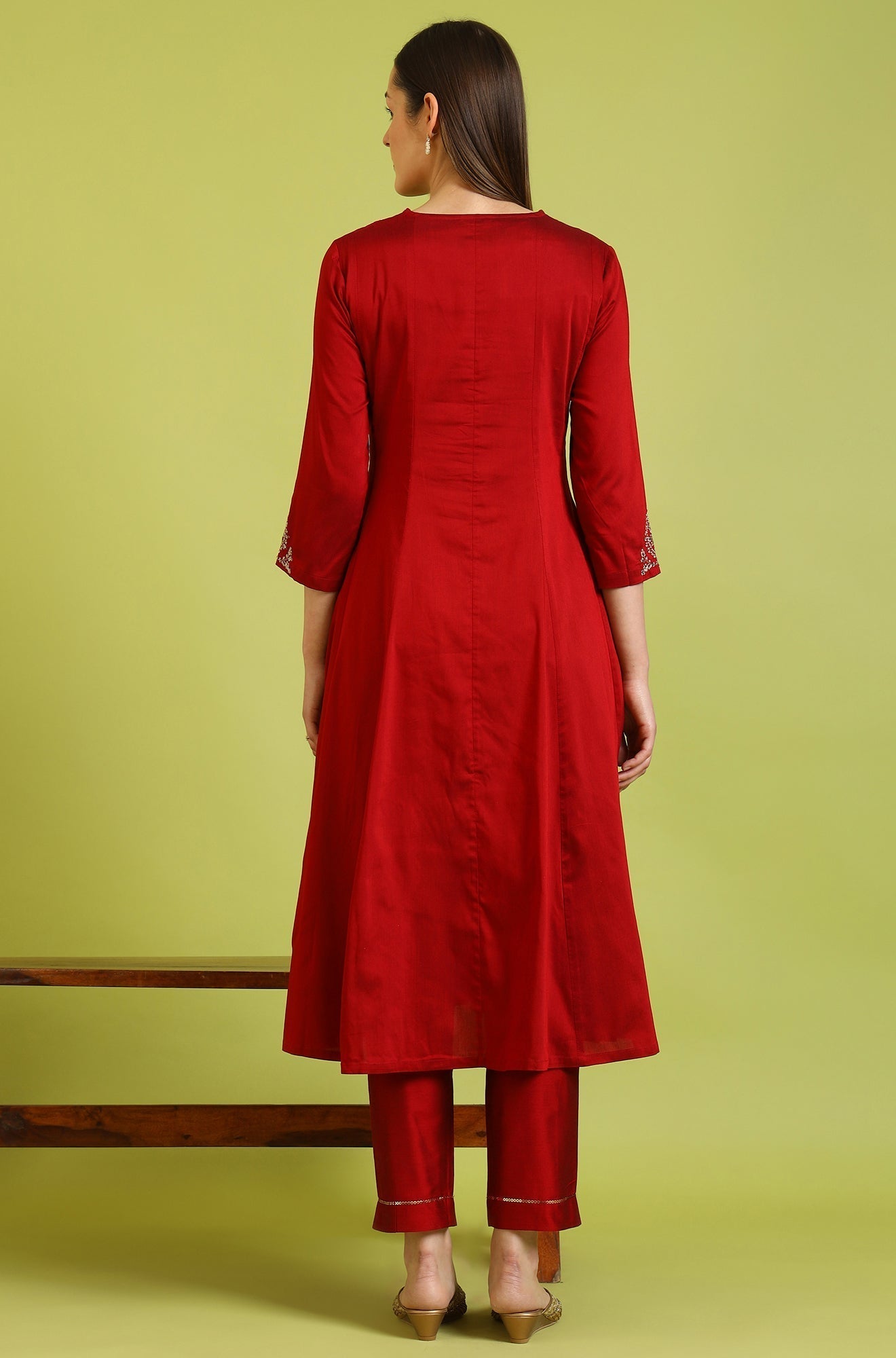 W for Woman Dark Red Zari Embroidered Anarkali Kurta