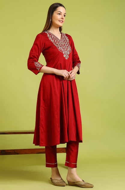 W for Woman Dark Red Zari Embroidered Anarkali Kurta