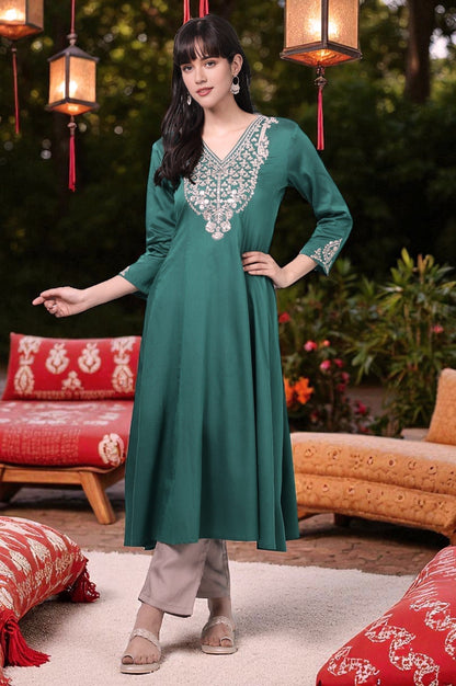 W for Woman Dark Green Embroidered Flared Festive Kurta