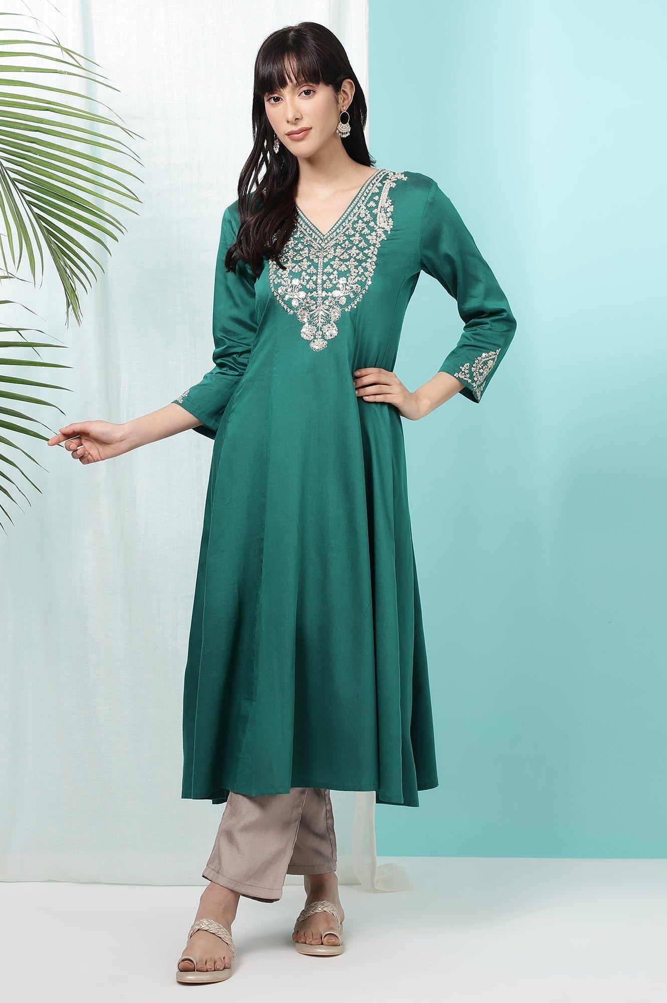W for Woman Dark Green Embroidered Flared Festive Kurta