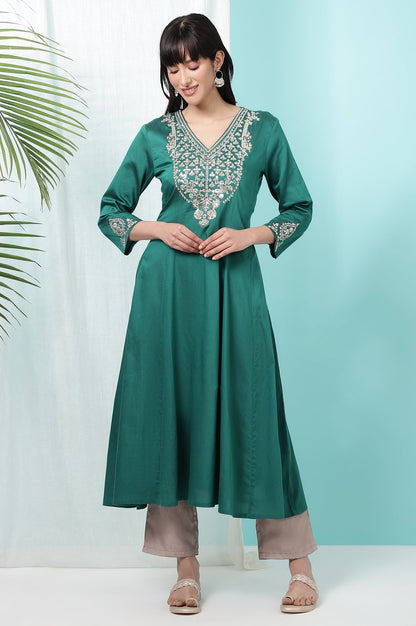 W for Woman Dark Green Embroidered Flared Festive Kurta
