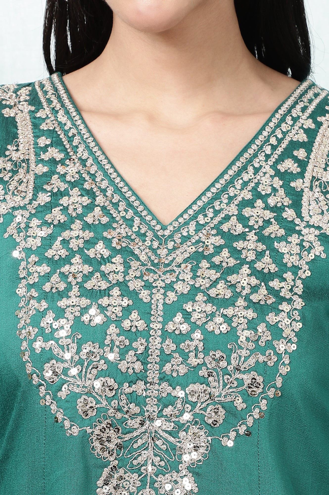 W for Woman Dark Green Embroidered Flared Festive Kurta