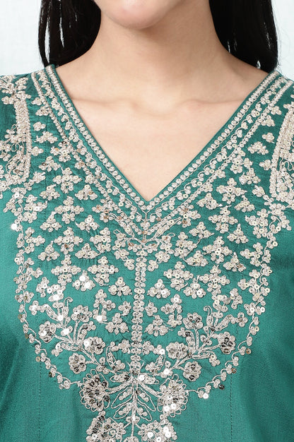 W for Woman Dark Green Embroidered Flared Festive Kurta