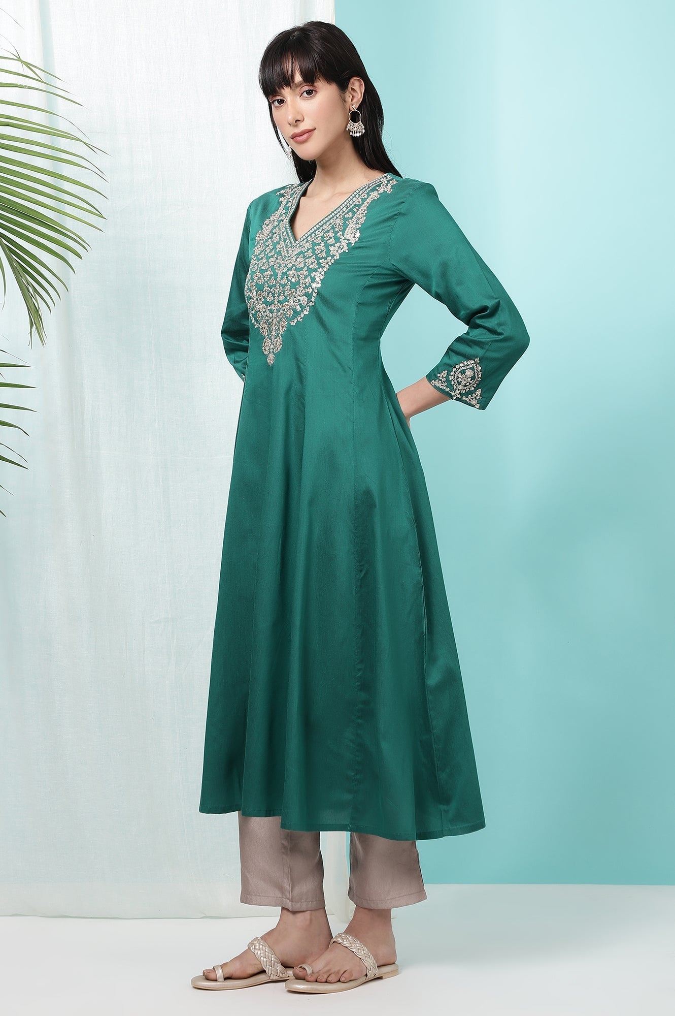 W for Woman Dark Green Embroidered Flared Festive Kurta